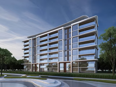 Modern Contemporary Residential Building Featuring Glass Curtain Walls Balconies And Green Landscape 3d model