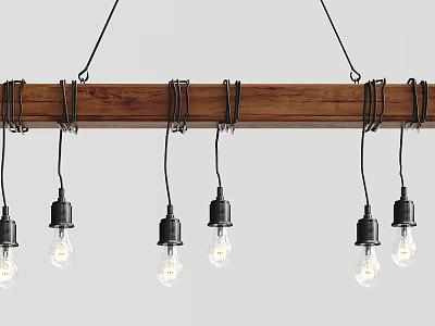 Modern Linear Pendant Light Fixture With Wooden Bar Black Sockets And Multiple Bulbs 3d model