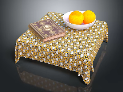 Old Book On Small Table With Yellow Polka Dot Tablecloth White Bowl And Two Oranges 3d model