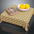 Old Book On Small Table With Yellow Polka Dot Tablecloth White Bowl And Two Oranges