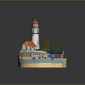 Cartoon Scene With Lighthouse Red Roof House Pine Trees Small Boat Blue Car And Water