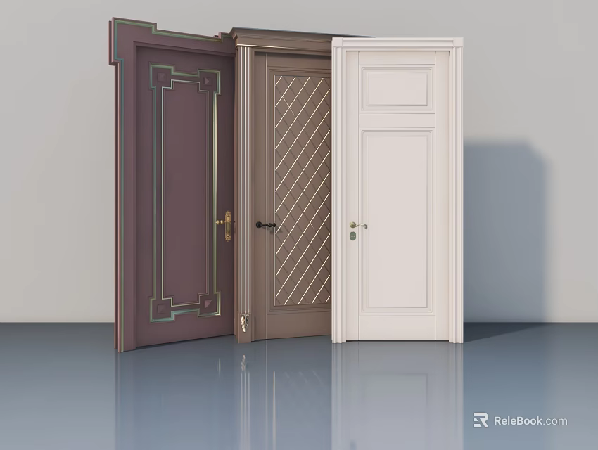 Three Stylish Hinged Doors In Brown And White With Decorative Patterns 3d model 