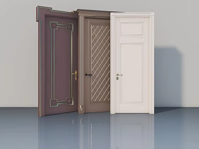 Three Stylish Hinged Doors In Brown And White With Decorative Patterns 3d model