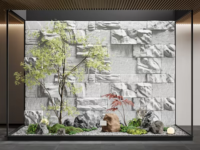 Serene Karesansui Garden with Stone Wall Backdrop Green Tree Rocks Moss and Pebbles Lantern 3d model
