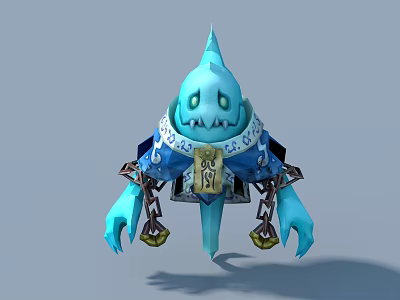 Blue Game Movie Character With Sharp Head Yellow Teeth Chest Sign And Chains 3d model