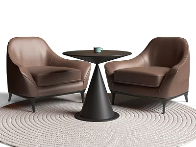 Brown Leather Armchairs and Black Round Coffee Table Set on Light Woven Rug 3d model