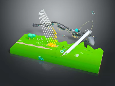 Colorful Cartoon Scene with Green Platform Mechanical Structure and Grass Details 3d model