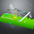 Colorful Cartoon Scene with Green Platform Mechanical Structure and Grass Details