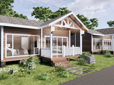 Wooden Guesthouse With White Railings Porch Surrounded By Green Lawn Trees Plants Stone Path Front 3d model