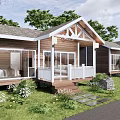 Wooden Guesthouse With White Railings Porch Surrounded By Green Lawn Trees Plants Stone Path Front
