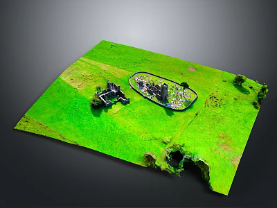Outdoor Green Grassland Scene With Circular Structure And Small Building 3d model