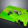 Outdoor Green Grassland Scene With Circular Structure And Small Building