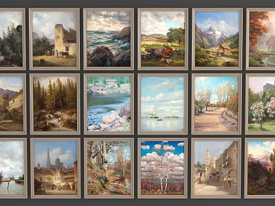 Vintage Landscape Paintings Collection With Mountain Ocean Countryside And Architecture Scenes 3d model