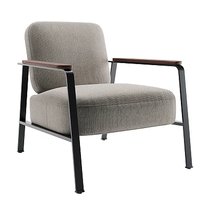Gray Fabric Leisure Chair With Wooden Armrests And Black Metal Frame 3d model