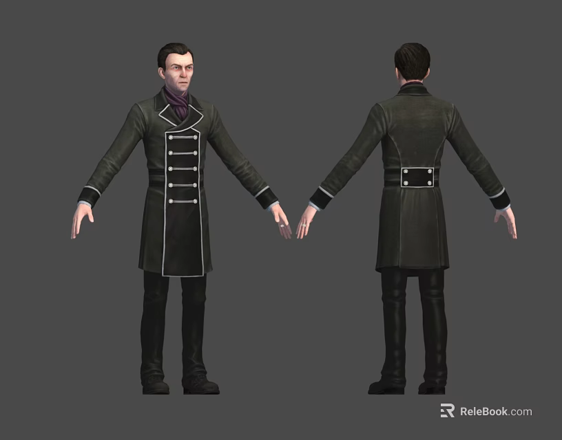 Male Character in Black Coat with White Trim and Belt Front and Back Views 3d model 