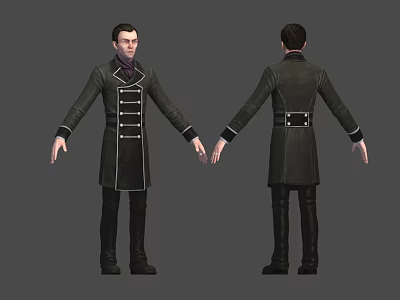 Male Character in Black Coat with White Trim and Belt Front and Back Views 3d model