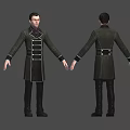 Male Character in Black Coat with White Trim and Belt Front and Back Views