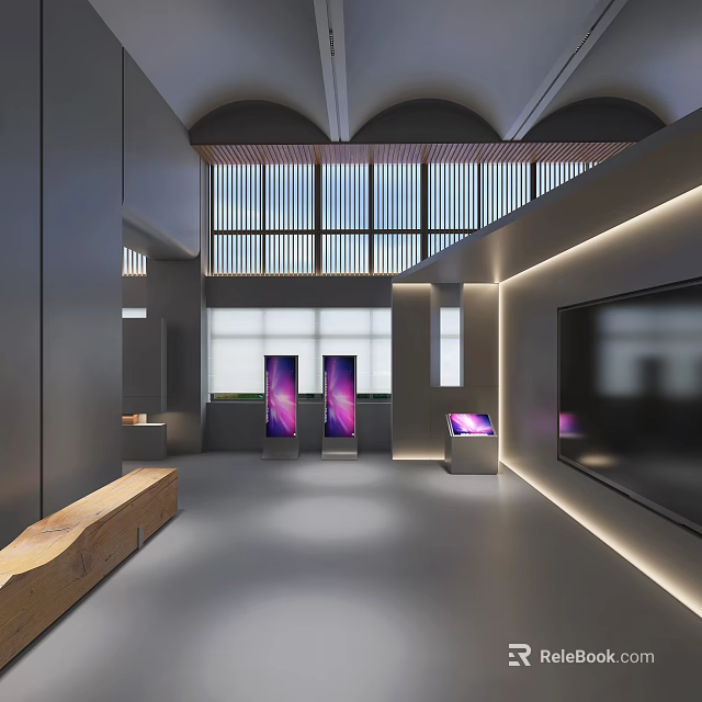 Modern Interior Design With Large Striped Windows Illuminated Screens And LED Light Strips 3d model