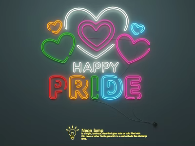 Colorful Neon Light Combination with Heart Shapes and Happy Pride Text 3d model