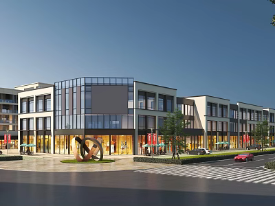 Modern Commercial Street With Glass Facade Storefronts Greenery And Pedestrian Walkway 3d model