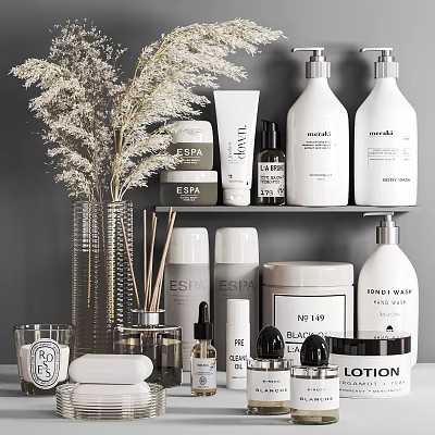 Elegant Daily Wash Care Products Including Lotion And Spa Items With Decorations 3d model
