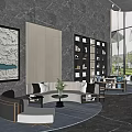 Modern Elegant Sales Office With Marble Wall Large Art Painting Floor-to-Ceiling Windows Sofa And Bookshelf