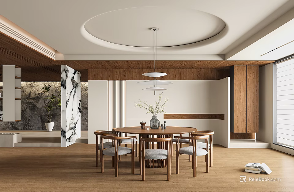Modern Restaurant Interior Design With Wooden Round Dining Table Hanging Pendant Light And Marble Accents 3d model 