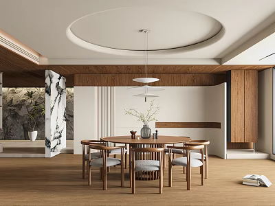 Modern Restaurant Interior Design With Wooden Round Dining Table Hanging Pendant Light And Marble Accents 3d model