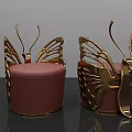 Artistic Golden Butterfly Wing Design Stools With Pink Upholstered Seats And Metal Frames