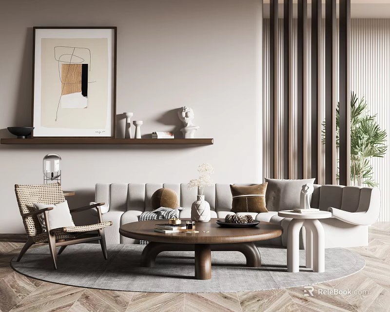 Modern Sofa and Coffee Table Set With Throw Pillows Decorative Painting and Potted Plant 3d model 