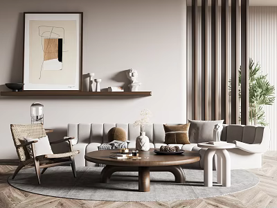 Modern Sofa and Coffee Table Set With Throw Pillows Decorative Painting and Potted Plant 3d model