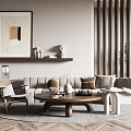 Modern Sofa and Coffee Table Set With Throw Pillows Decorative Painting and Potted Plant