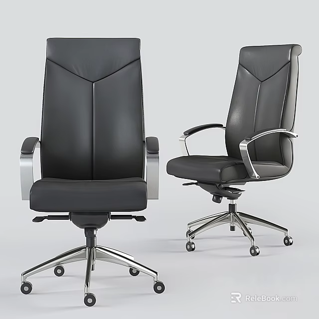 Black Leather Office Chair With Metal Armrests Adjustable Base And Wheels 3d model 