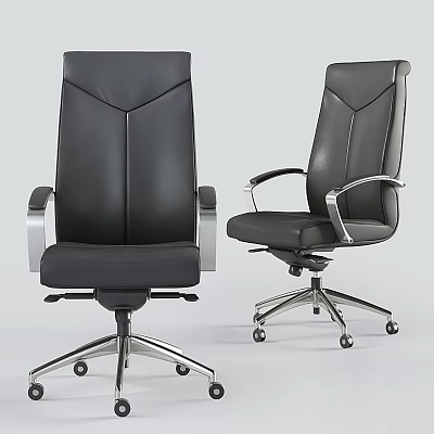 Black Leather Office Chair With Metal Armrests Adjustable Base And Wheels 3d model