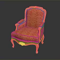 European Style Single Chair With Gold Carved Frame And Red Floral Upholstery