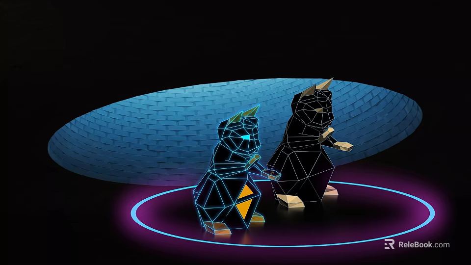 Geometric Illuminated Ornament Decoration Set With Blue Black Curved Blue Backdrop Purple Glowing Ring Base 3d model 
