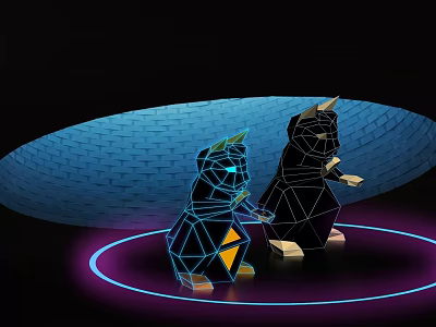 Geometric Illuminated Ornament Decoration Set With Blue Black Curved Blue Backdrop Purple Glowing Ring Base 3d model