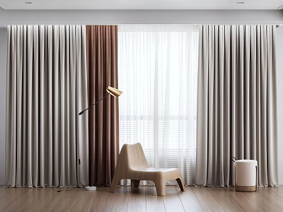 Modern Curtains In Grey Brown And White With Floor Lamp Armchair And Wooden Floor 3d model