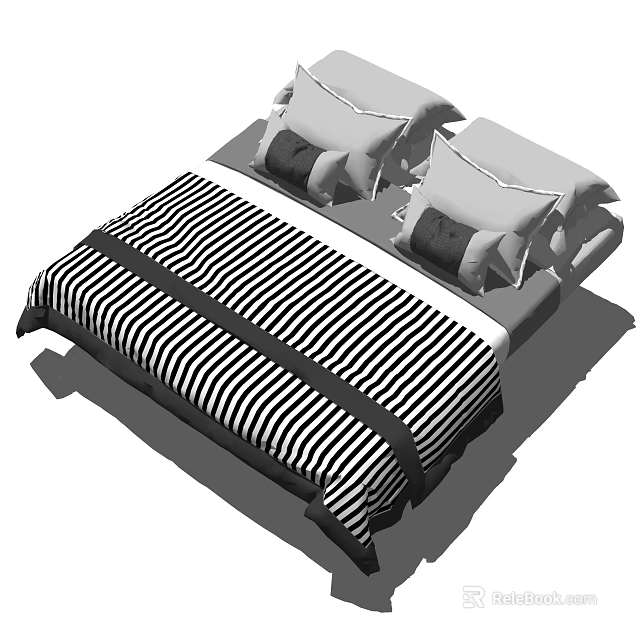 Double Bed With Black and White Striped Duvet and Decorative Pillows in Modern Minimalist Interior 3d model 