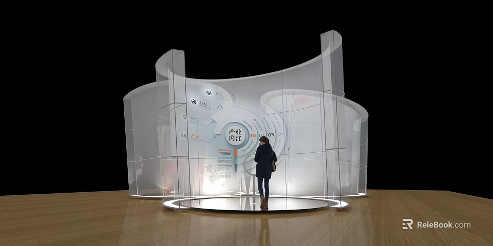 Modern Transparent Curved Exhibition Display With Person Standing And Elements 3d model 