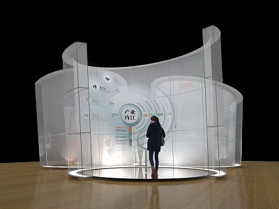 Modern Transparent Curved Exhibition Display With Person Standing And Elements 3d model