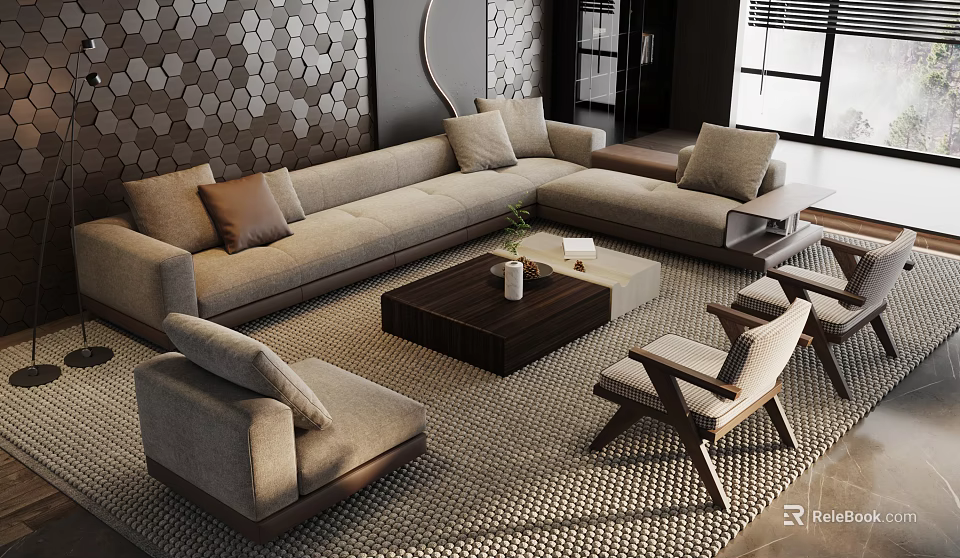 Modern L shaped Sofa and Wooden Coffee Table Set with Accent Pillows and Chairs 3d model 