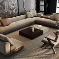 Modern L shaped Sofa and Wooden Coffee Table Set with Accent Pillows and Chairs