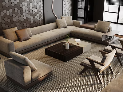 Modern L shaped Sofa and Wooden Coffee Table Set with Accent Pillows and Chairs 3d model