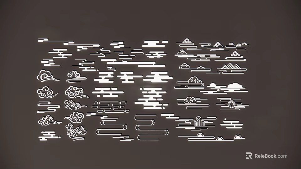 White Silhouette Art Featuring Various Clouds Mountains And Architecture On Dark Gray Background 3d model 