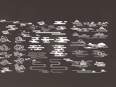 White Silhouette Art Featuring Various Clouds Mountains And Architecture On Dark Gray Background 3d model