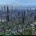 Modern Swing Doors In Futuristic Sci Fi City With Skyscrapers And Suspended Buildings