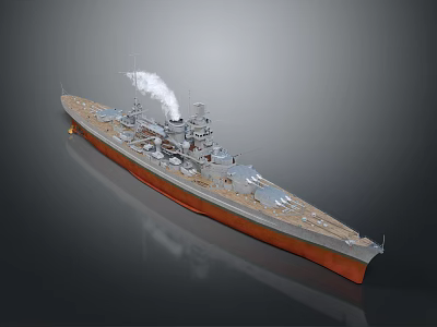 Warship With Smoking Funnel Gray Upper Hull Red Bottom Main Deck And Turrets 3d model