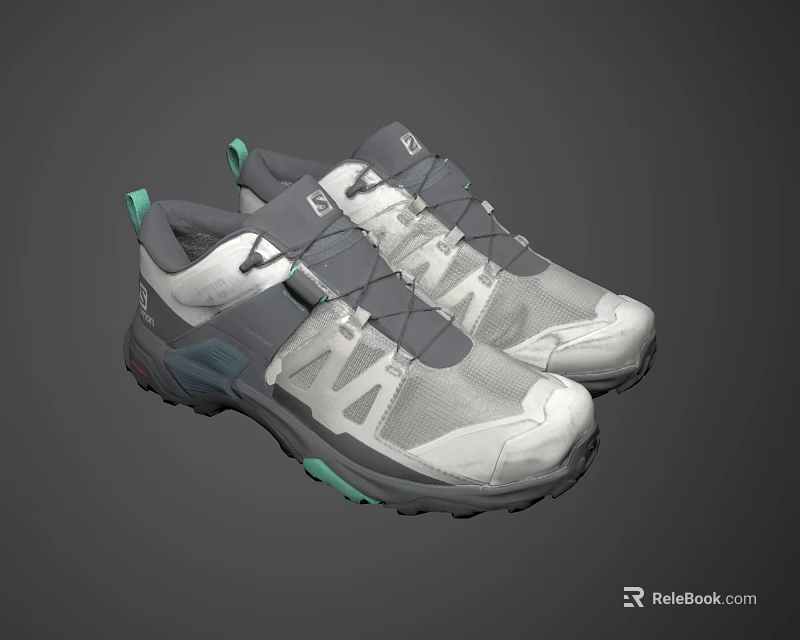 Gray And White Running Shoes With Light Green Accents And Lace Up Design 3d model 