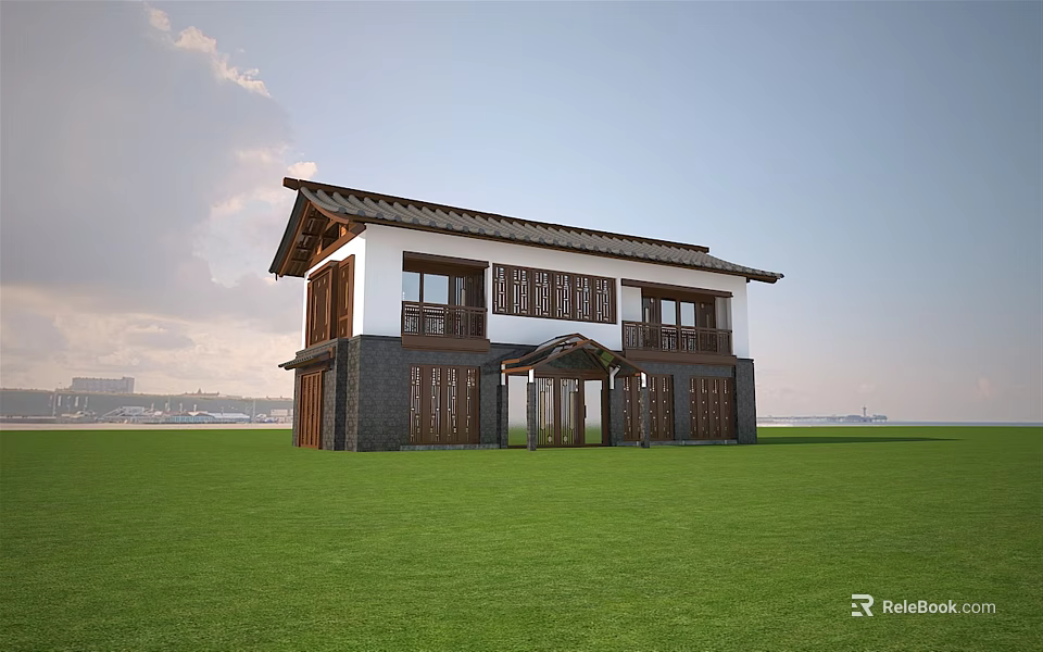 Traditional Ancient Two Story Building With White Walls Dark Wooden Structures And Green Lawn 3d model 